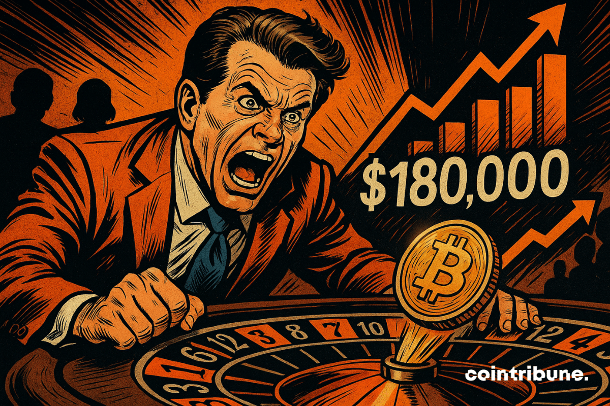 Anthony Scaramucci, focused, bets on a Bitcoin roulette wheel, numbers "$180,000", blurred players, tension, suspense, movement, audacity, dramatic lighting.