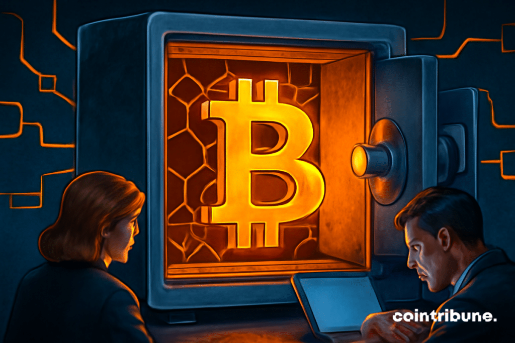 Una caja fuerte metálica revela un Bitcoin incandescente, observado por una mujer, mientras un hombre trabaja en un ordenador.