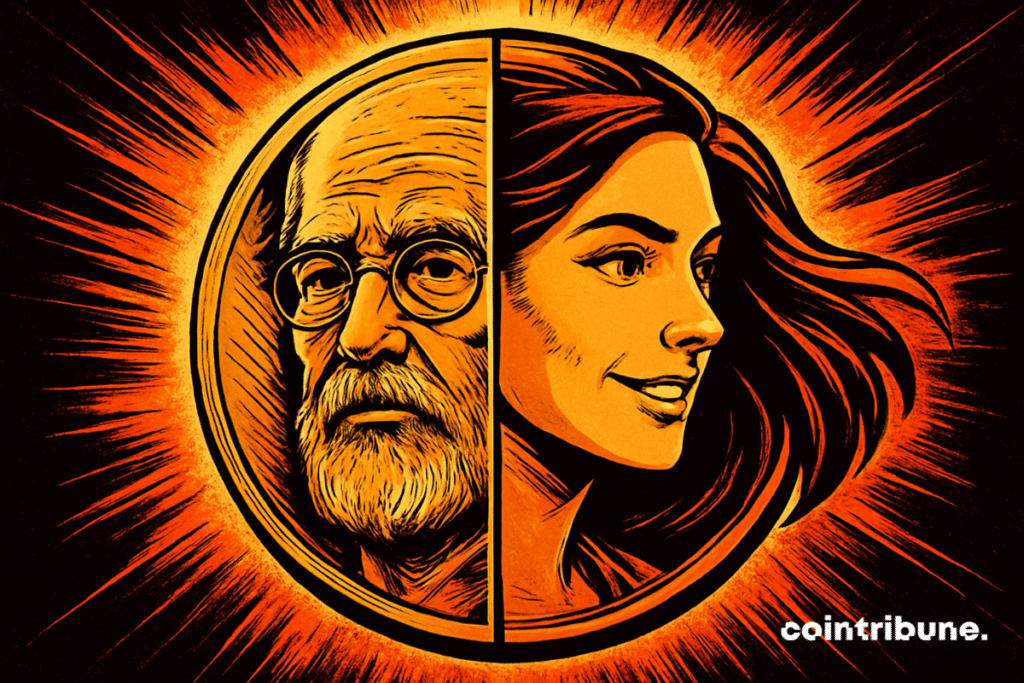 Uma moeda Bitcoin dividida mostra um homem idoso à esquerda e uma jovem à direita, brilhando em estilo cômico laranja e preto.