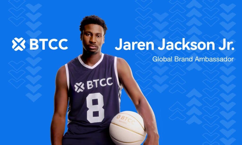 Joueur de basketball en tenue BTCC tenant un ballon, avec le texte « Jaren Jackson Jr., Global Brand Ambassador » sur fond bleu.