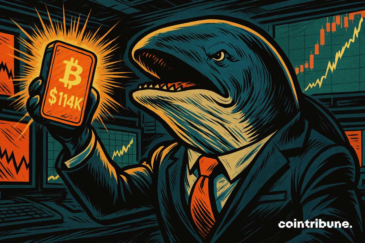 Baleia antropomórfica de terno segurando um dispositivo brilhante mostrando Bitcoin a US$ 114 mil em uma sala de negociação.