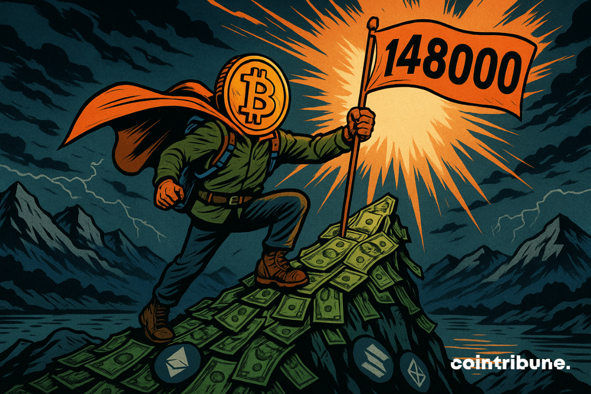 Um Bitcoin personificado escalando uma montanha de dólares.