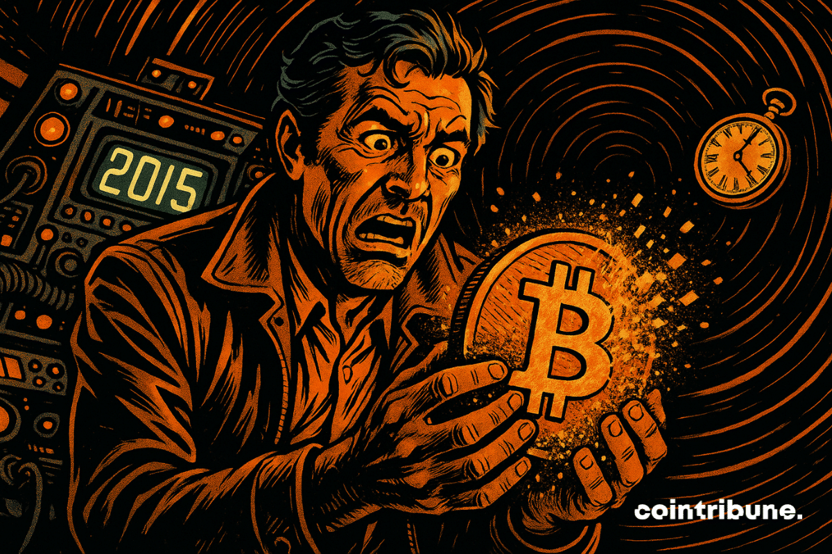 Uma moeda de Bitcoin superdimensionada, segurada com as duas mãos por um investidor, que se desintegra em poeira dourada-alaranjada brilhante. Os fragmentos flutuam para cima, levados por um fluxo luminoso.