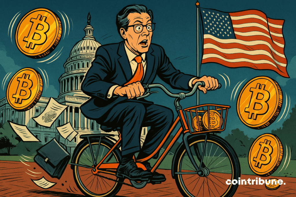 Scott Bessent pedalea hacia atrás de forma exagerada, con el torso ligeramente inclinado hacia atrás, los ojos muy abiertos y la boca entreabierta en señal de un repentino cambio de rumbo. Gigantescas monedas de Bitcoin flotan a su alrededor, algunas parecen salir de sus bolsillos o de la canasta delantera de la bicicleta.