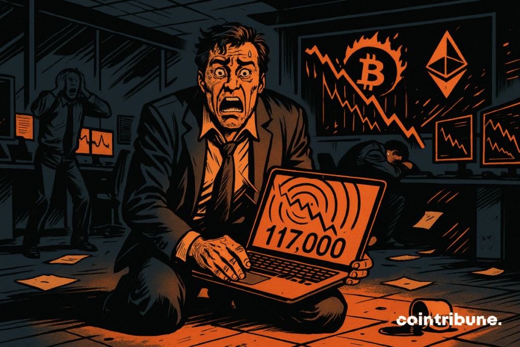 El CEO de una empresa cripto en crisis, sentado en el suelo con las piernas dobladas, sosteniendo un portátil sobre las rodillas. Está en pánico tras la caída del Bitcoin.