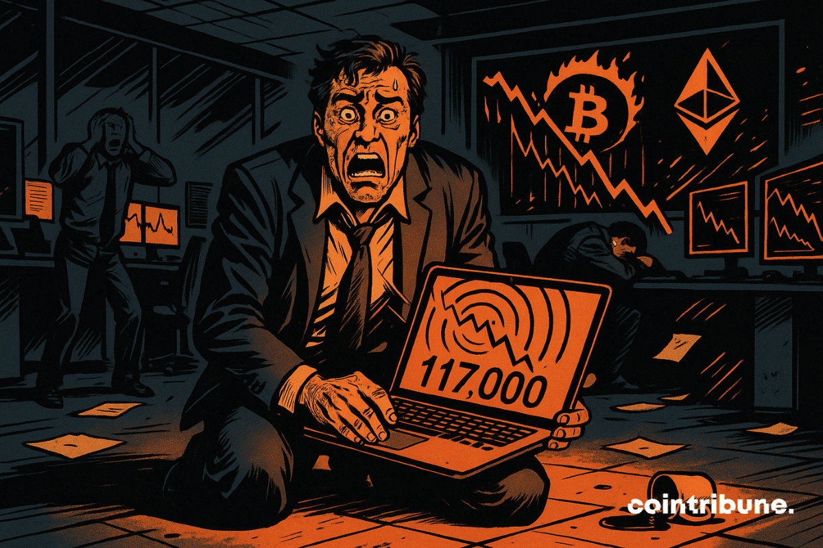 O CEO de uma empresa cripto em crise, sentado no chão com as pernas dobradas, segurando um notebook no colo. Ele está em pânico após a queda do Bitcoin.