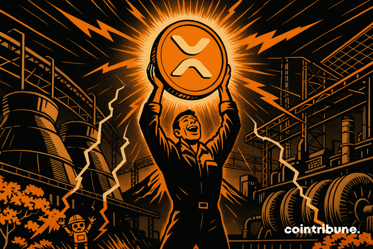 Um especialista em mineração heroico, vestindo um traje escuro, de pé no centro com os braços erguidos, segura acima da cabeça um enorme token de Bitcoin laranja e branco que emite uma luz intensa.