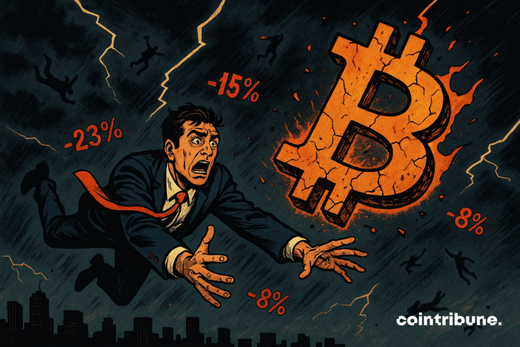 Um investidor tenta agarrar um Bitcoin em queda livre, simbolizando a zona de turbulência que o mercado atravessa, segundo a Glassnode.