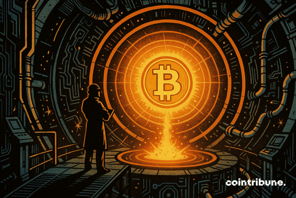 Um reator circular estilizado, em forma de câmara energética ultratecnológica. No centro: um núcleo luminoso em forma do logotipo do Bitcoin, irradiando intensamente. Um técnico futurista aparece em silhueta sobre uma plataforma suspensa acima do reator. O núcleo do Bitcoin, uma esfera ou disco brilhante de onde emanam pulsações circulares de energia, simboliza o retorno do hashrate.