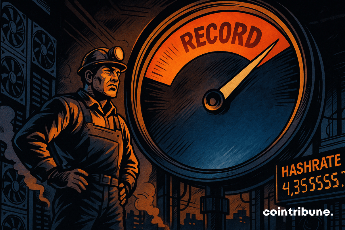 Um enorme medidor industrial domina a cena, com um mostrador circular. A parte superior do mostrador exibe a palavra “Recorde” com reflexos brilhantes, mas o ponteiro desce visivelmente em direção a uma área azulada na parte inferior. Um especialista em mineração de Bitcoin, com as mãos na cintura e o olhar fixo no mostrador, expressa uma mistura de satisfação pelo recorde alcançado e preocupação com a queda do hashrate.