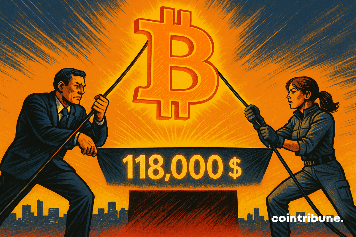 Um enorme logotipo dourado do Bitcoin flutua no centro da imagem, suspenso por dois cabos esticados ao máximo. Cada cabo é segurado firmemente por um personagem posicionado à esquerda e à direita, representando a Metaplanet e a Smarter Web.