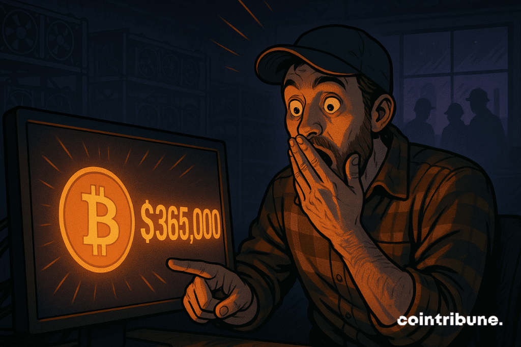 Um minerador de Bitcoin atordoado reage a uma vitória de US$ 365.000 em sua tela dentro de uma instalação de mineração mal iluminada.