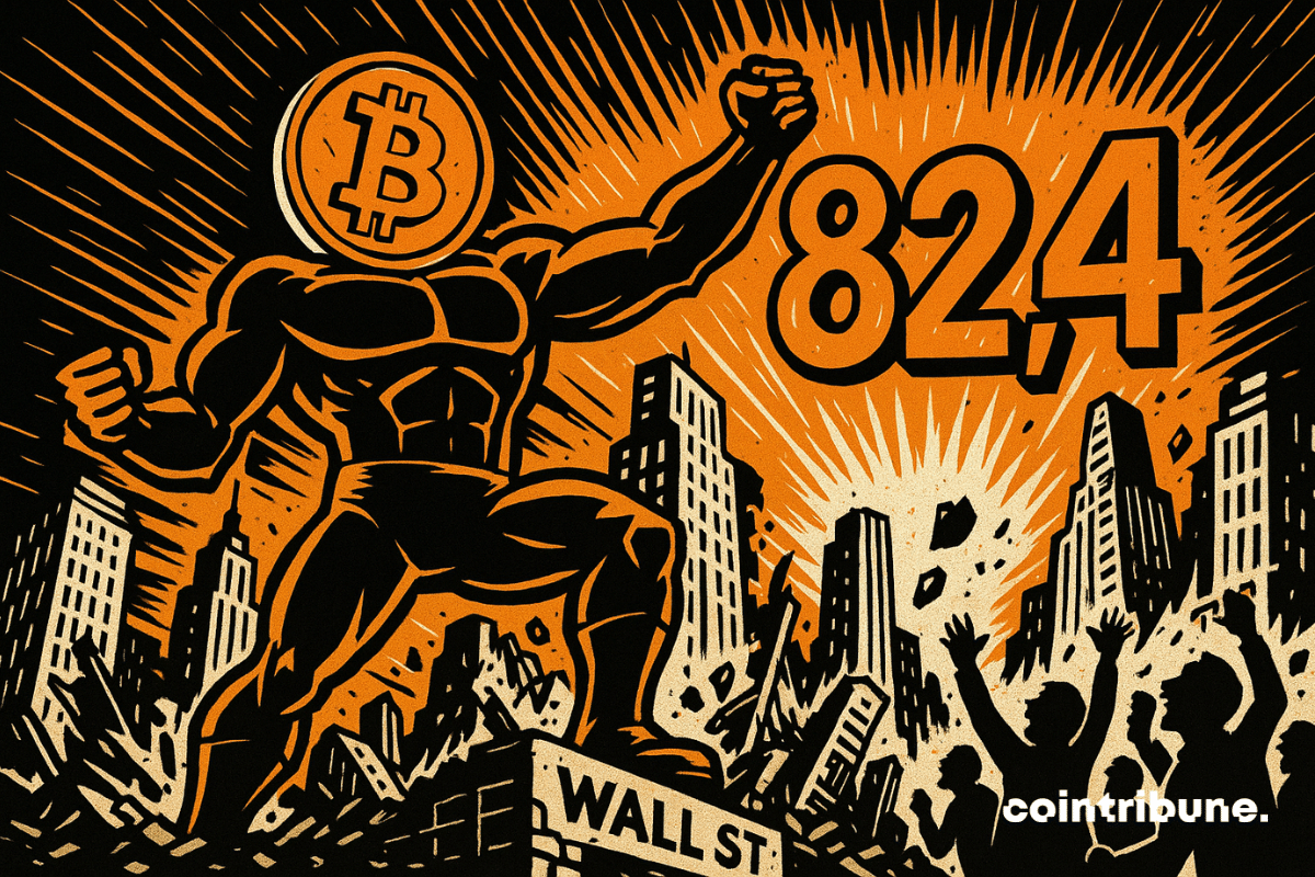 Uma moeda de Bitcoin antropomorfizada como um super-herói. Ela está em pé sobre arranha-céus desmoronados de Wall Street, com o número 82,4 ao fundo.