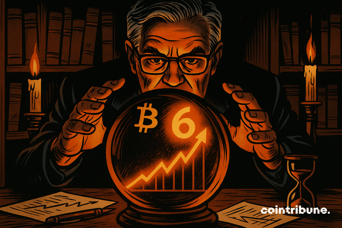 Peter Brandt observa uma bola de cristal colocada no centro de uma mesa de madeira escura. Suas mãos cercam a bola, sem tocá-la, como se estivesse captando uma visão. Dentro da bola: um gráfico do Bitcoin em forte ascensão, com uma curva laranja que termina em um pico brilhante no topo.