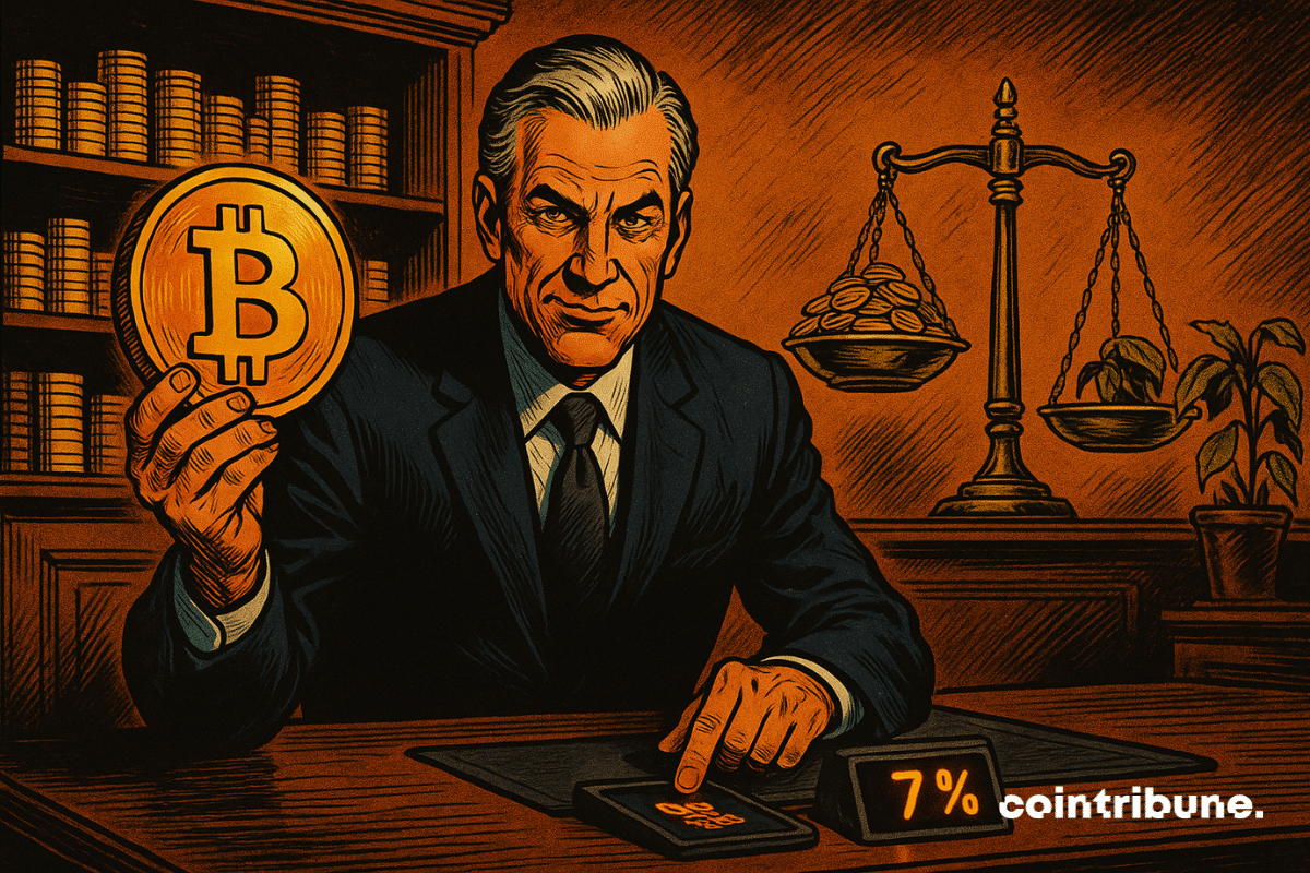 Um empresário segura uma moeda de Bitcoin gigante e brilhante em um gesto de demonstração.