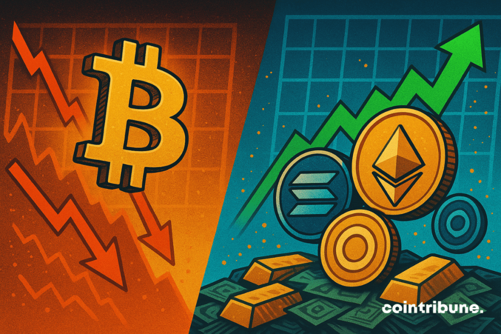 O preço do Bitcoin está caindo enquanto Ethereum, Solana e outras criptomoedas sobem em um cenário de gráfico financeiro.