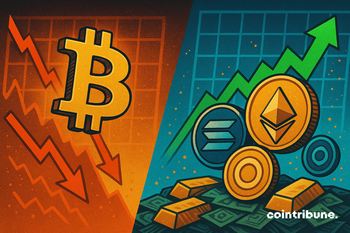 O preço do Bitcoin está caindo enquanto Ethereum, Solana e outras criptomoedas sobem em um cenário de gráfico financeiro.