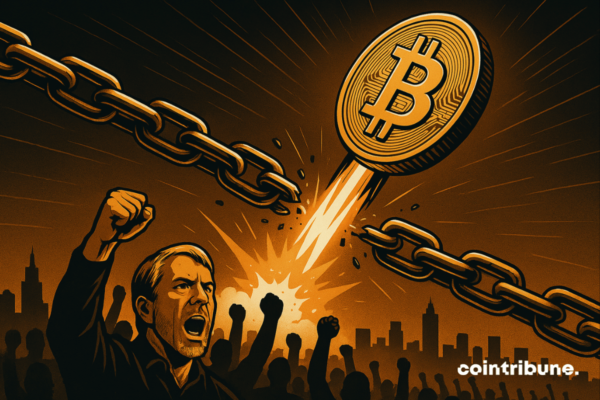 O foguete Bitcoin quebra as correntes de ouro sobre a multidão que aplaude.
