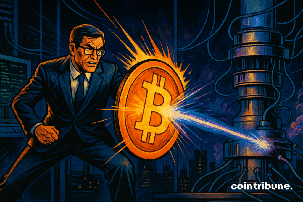 Um especialista segura, em sua mão esquerda, um grande escudo circular luminoso com o logotipo do Bitcoin (BTC) em laranja vivo. Um feixe de laser azul-violeta, emitido por uma estrutura futurista que representa um computador quântico, atinge o escudo. O impacto produz um brilho intenso, repelindo o feixe.