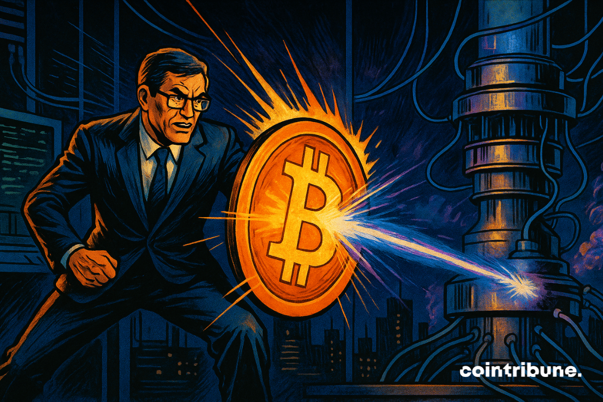 An expert holds in his left hand a large glowing circular shield bearing the Bitcoin (BTC) logo in bright orange. A blue-violet laser beam, emitted by a futuristic structure representing a quantum computer, strikes the shield. The impact creates an intense burst of light, repelling the beam.