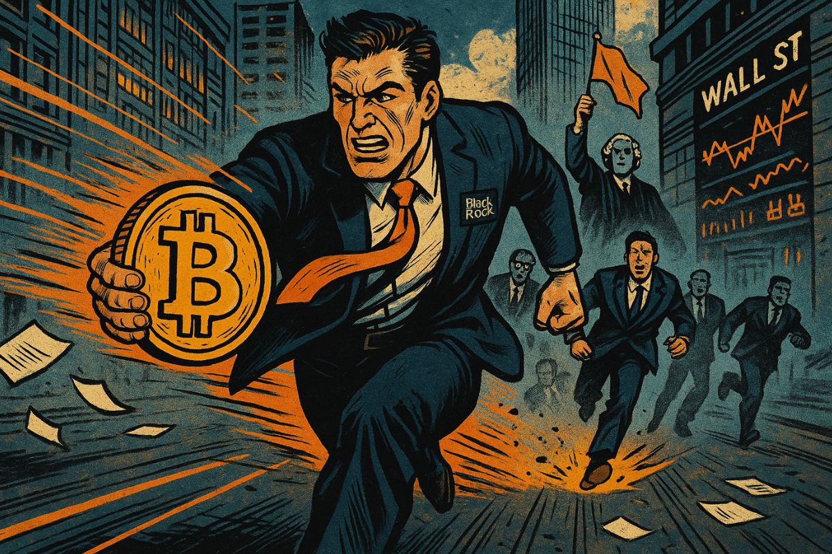 Imagem em estilo de história em quadrinhos de um executivo da BlackRock correndo com uma moeda ETF de Bitcoin em Wall Street.