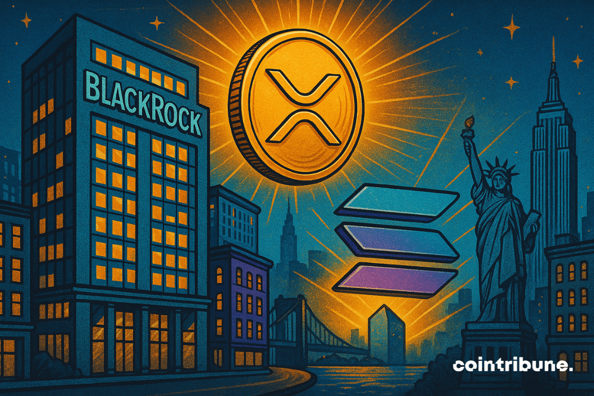 Ilustração da sede da Blackrock com grandes logotipos brilhantes de XRP e Solana no horizonte da cidade de Nova York, simbolizando possíveis lançamentos de ETFs à vista.