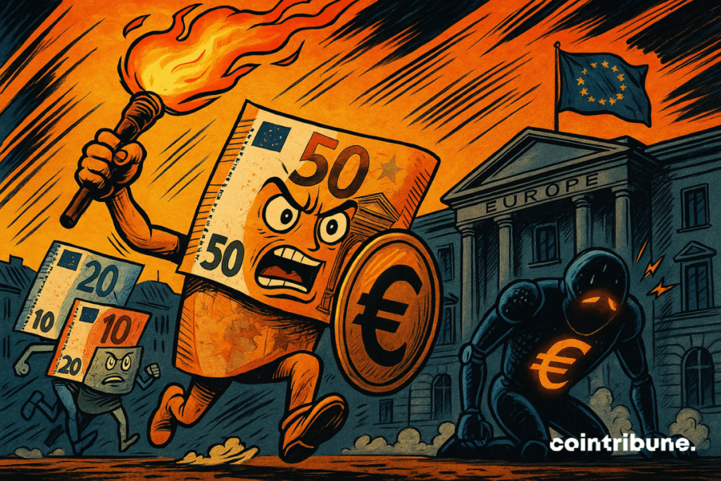 An angry €50 note leads a charge against a malfunctioning digital euro robot in front of a burning European building.