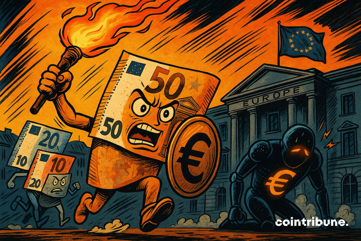 An angry €50 note leads a charge against a malfunctioning digital euro robot in front of a burning European building.