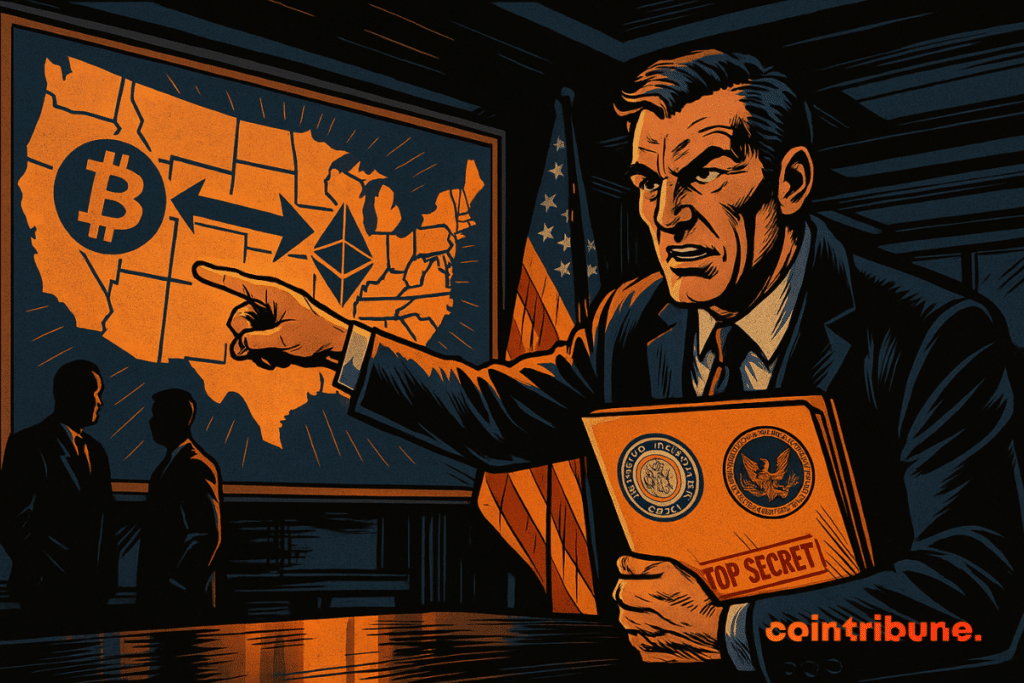 Agente estadounidense apuntando a un mapa criptográfico de los Estados Unidos, atmósfera oscura, archivo ultrasecreto, bandera de Estados Unidos, tensión estratégica, estilo de cómic.