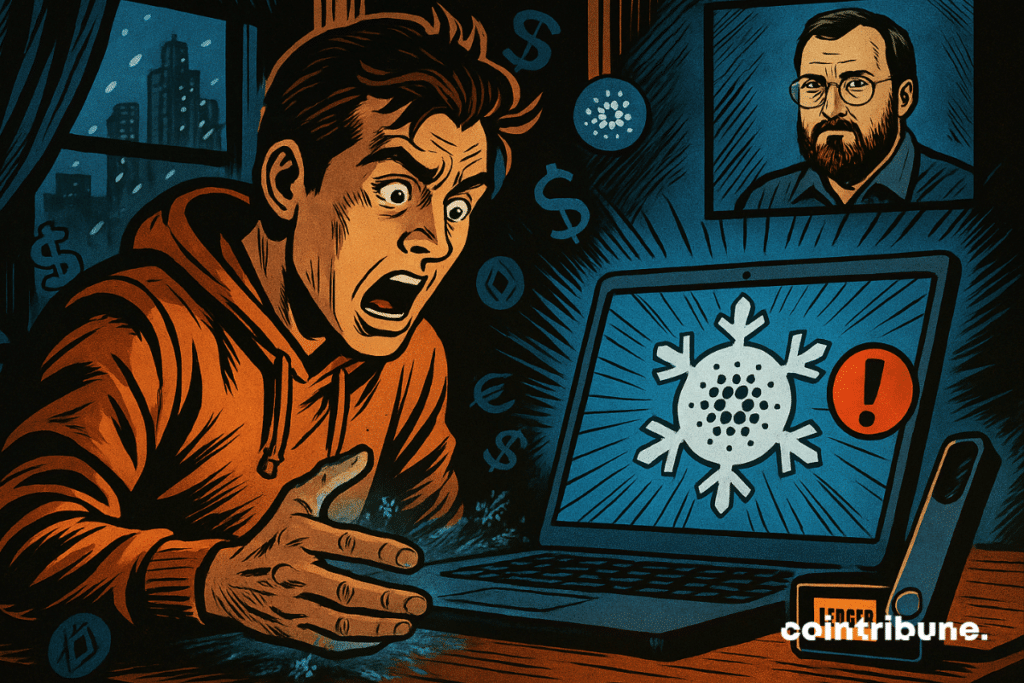Man shocked at frozen Cardano screen with Ledger connected.