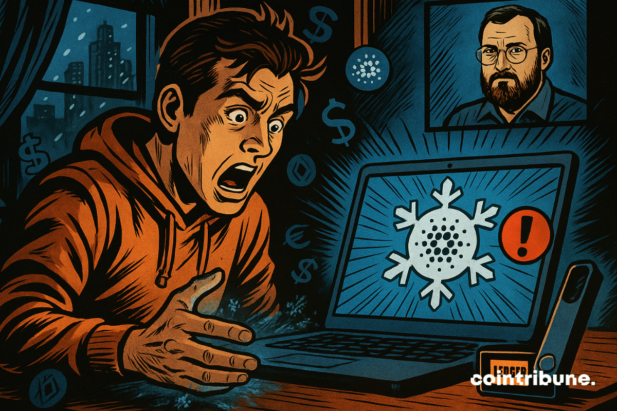 Man shocked at frozen Cardano screen with Ledger connected.