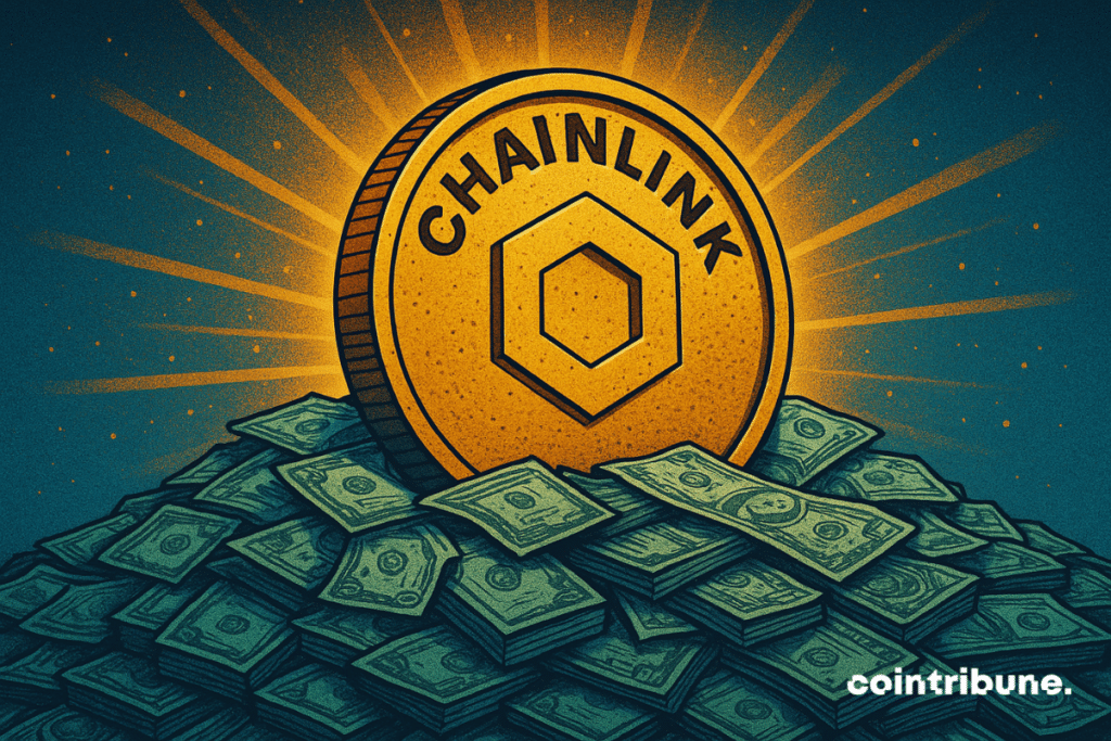 Ilustración de una gran moneda Chainlink dorada que irradia luz, apoyada sobre una enorme pila de billetes de dólar contra un oscuro fondo estrellado.