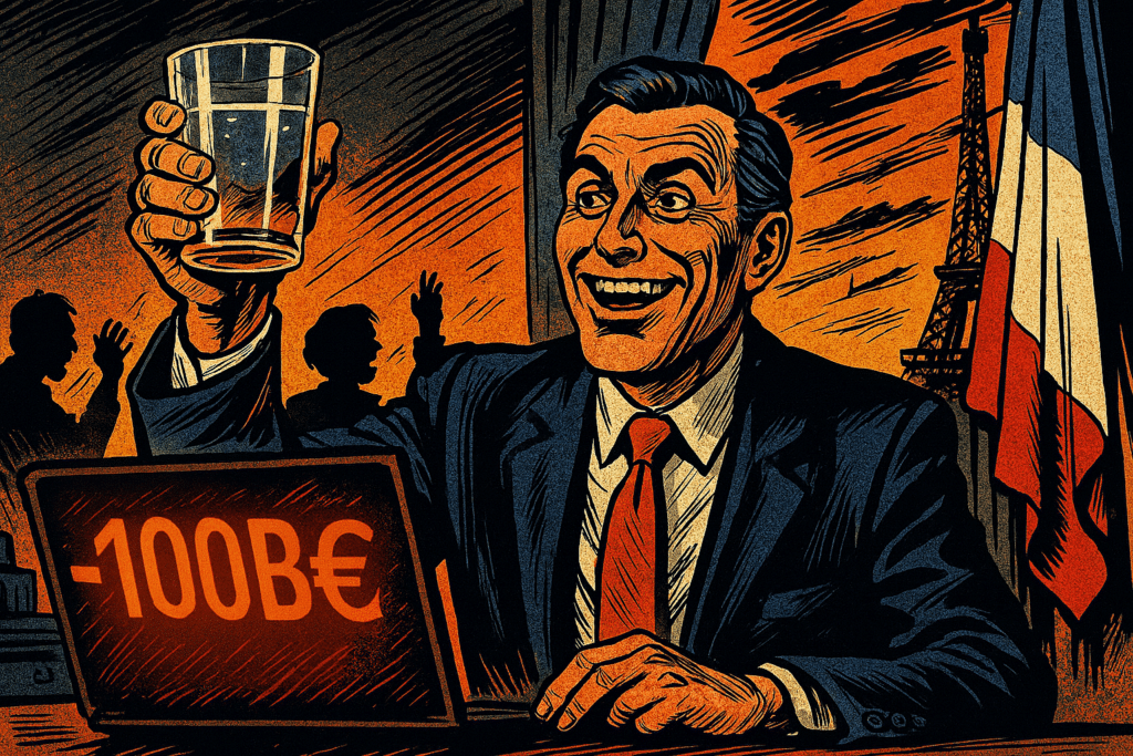 Haut fonctionnaire souriant lève un verre devant un écran rouge affichant "-100B€", avec Paris en arrière-plan dramatique.