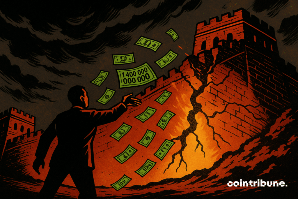 A Chinese figure throws a shower of banknotes to keep the wall standing. The wall partially straightens where the money falls, symbolizing the PBOC’s injection of 1.4 trillion yuan to rescue China’s bond market.