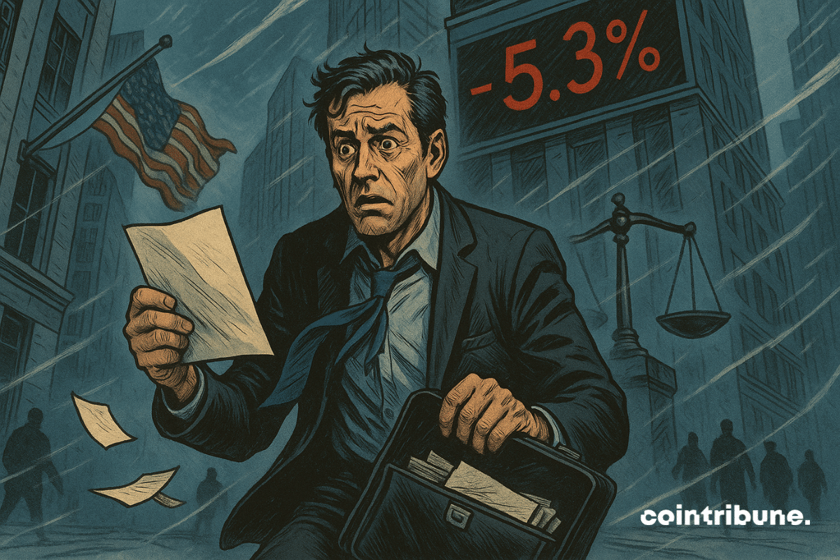 An American executive holds a dismissal slip in one hand. His briefcase has opened, and papers are flying in the icy wind, symbolizing unemployment in the United States and the global stock market crash following Trump's signing of the tariff-related executive order.