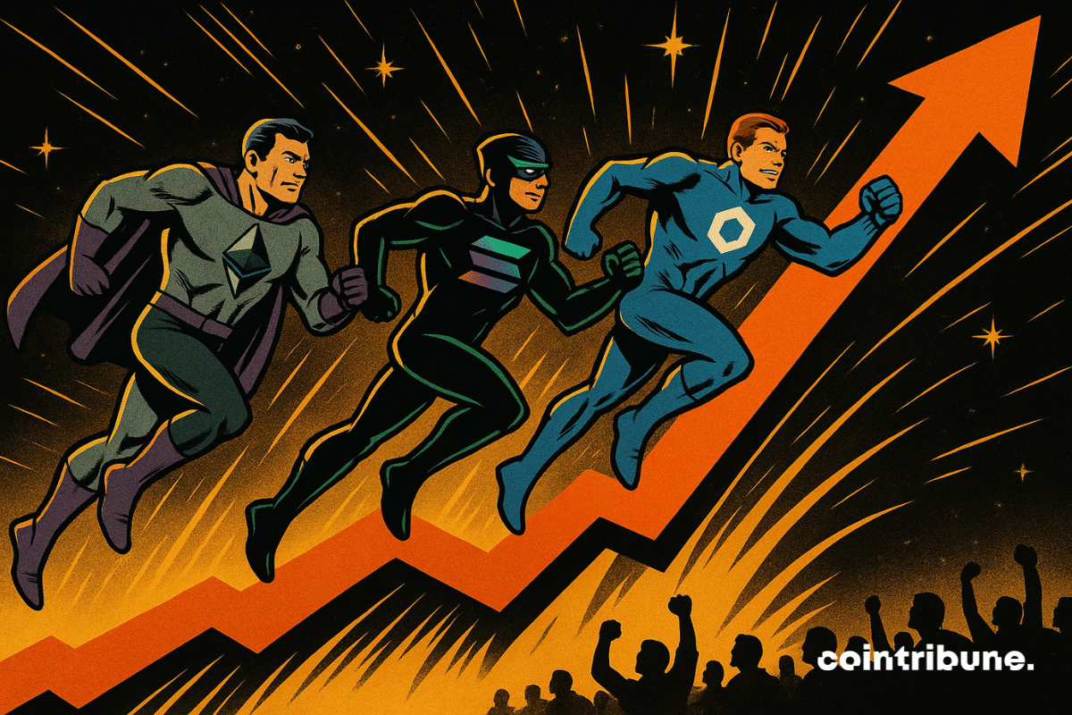 A giant upward curve in the background, on which three superheroes representing the cryptocurrencies Ethereum, Solana, and Chainlink are running.