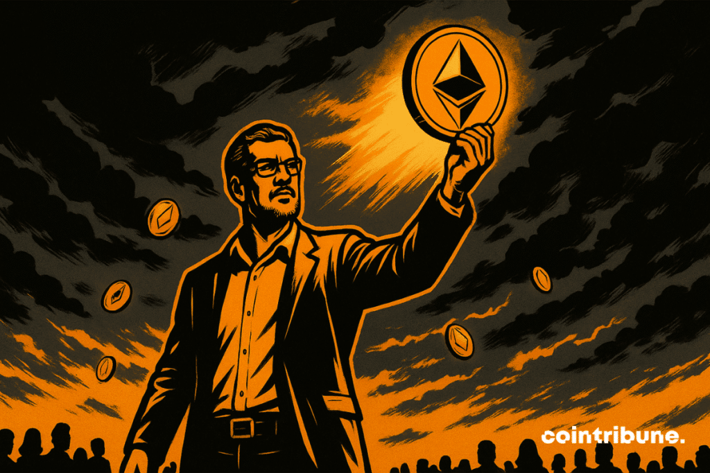 Arthur Hayes, un investisseur crypto réputé, bras droit tendu vers le ciel, tient un grand jeton Ethereum (ETH) doré brillant.