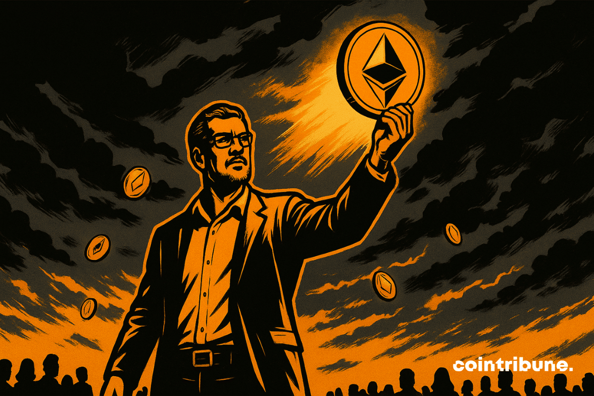 Arthur Hayes, um investidor de criptomoedas renomado, com o braço direito erguido para o céu, segura um grande token dourado brilhante de Ethereum (ETH).