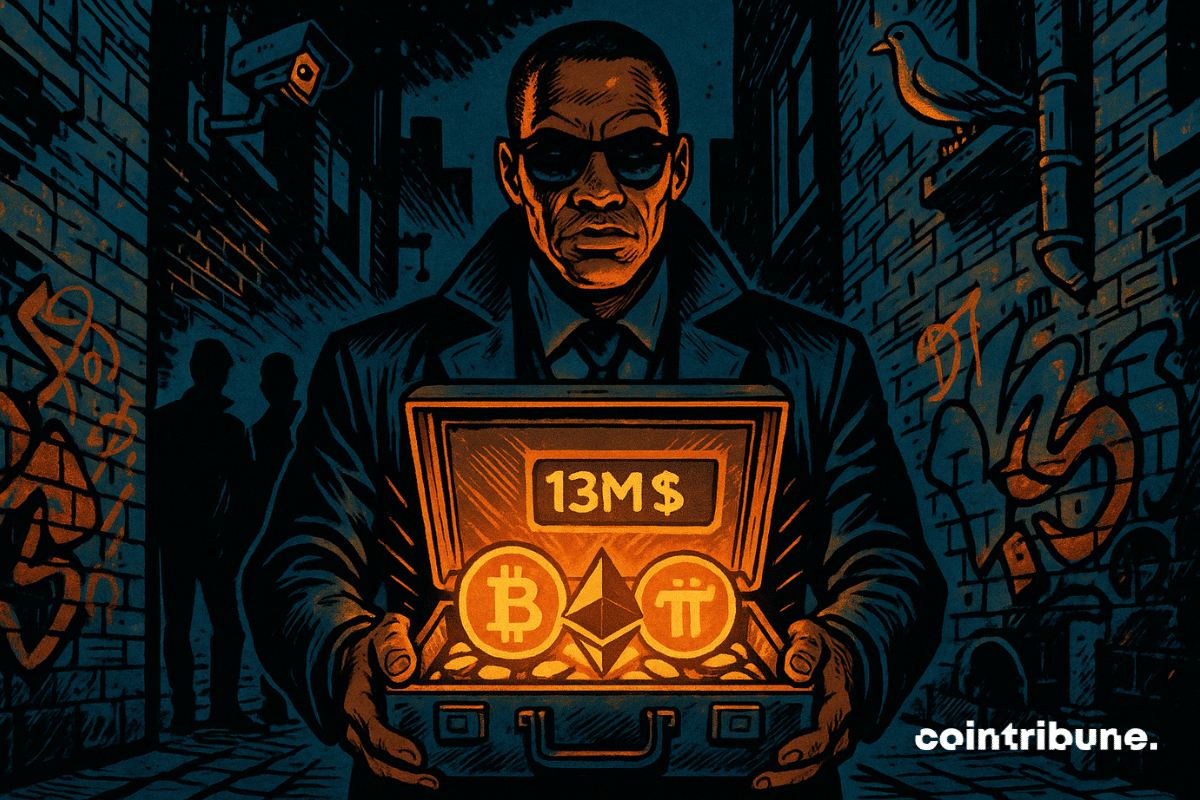 Arthur Hayes de frente, segurando uma maleta entreaberta. A maleta emite um brilho laranja intenso, destacando símbolos de criptomoedas estilizados (Bitcoin, Ethereum, Pi…).