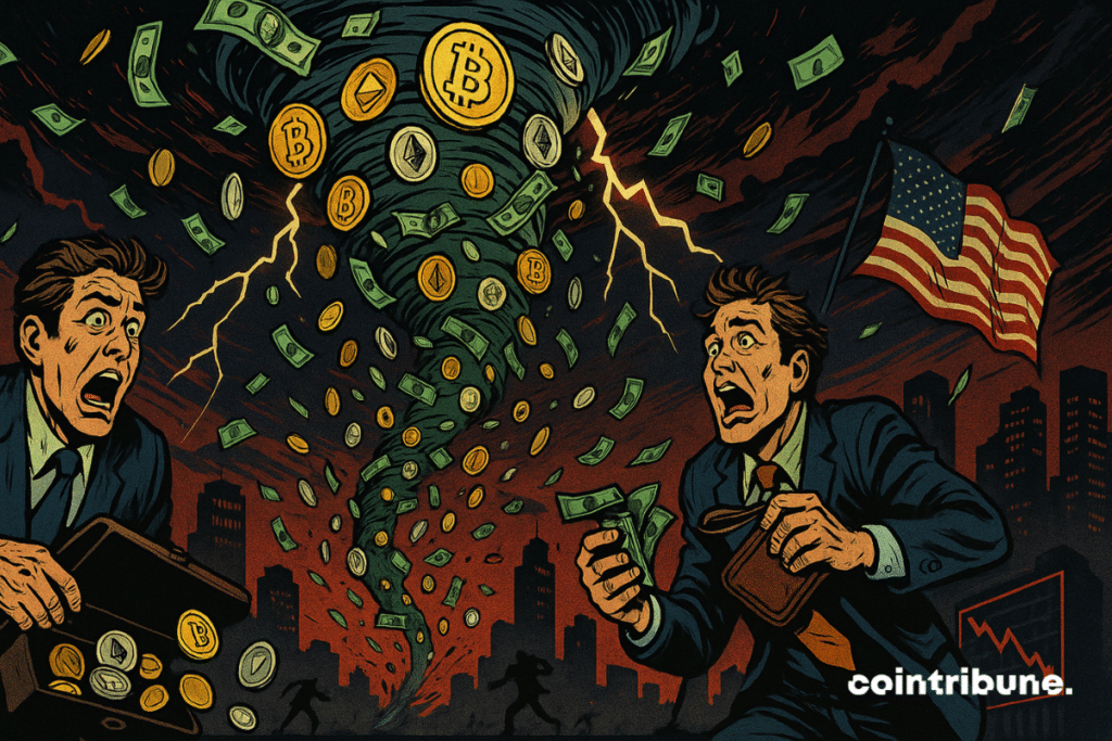 Una tormenta de billetes estadounidenses y monedas cripto (BTC, ETH) arrastrada hacia un cielo rojo intenso. Comerciantes e inversores de criptomonedas intentan sujetar sus carteras o bolsas de monedas, simbolizando el pánico relacionado con la publicación de los datos de inflación de EE. UU.