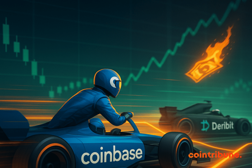 Futuristic crypto race between Coinbase and Deribit, symbolizing the dominance of the derivatives market in the digital realm