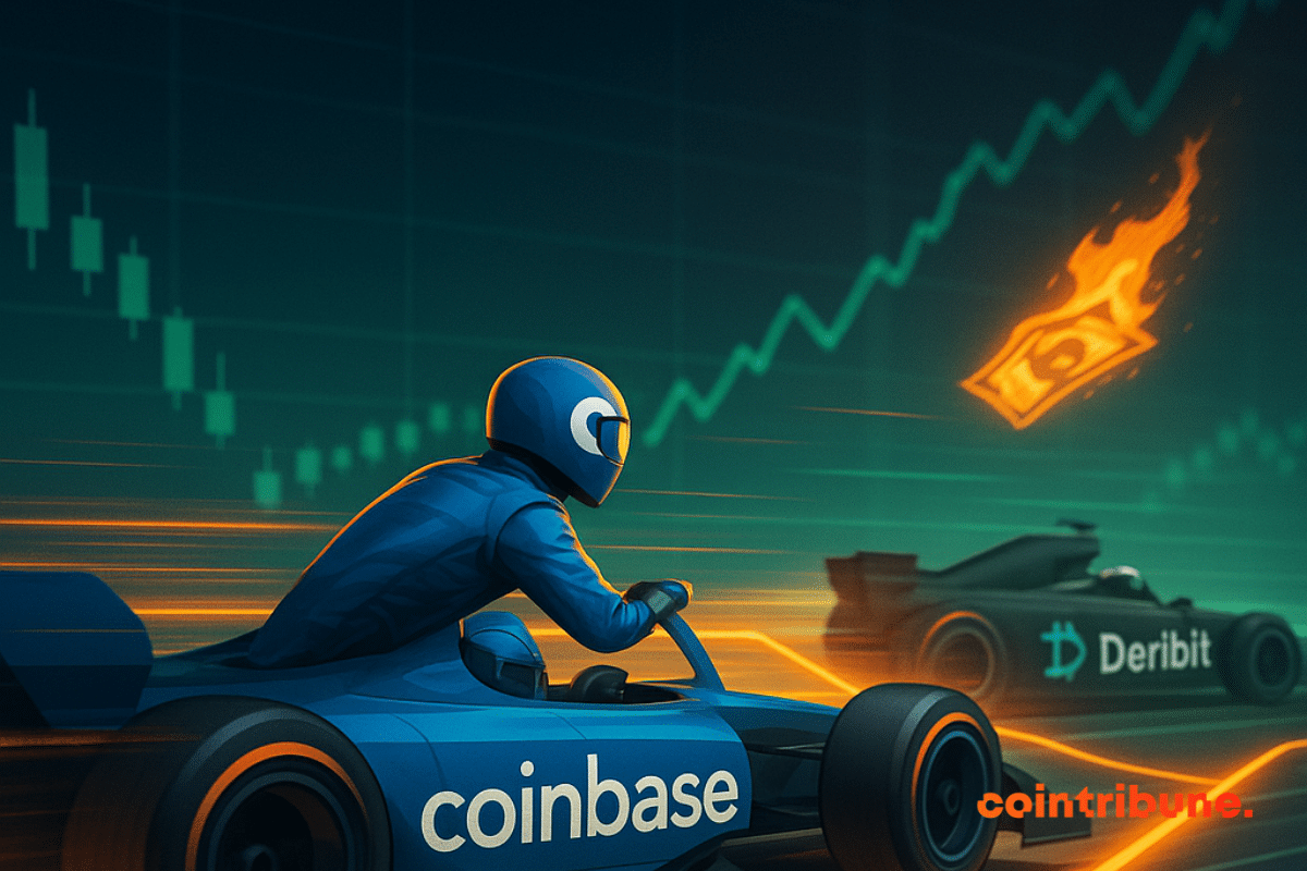 Futuristic crypto race between Coinbase and Deribit, symbolizing the dominance of the derivatives market in the digital realm