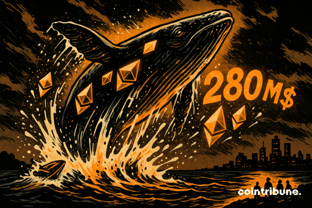 Uma baleia colossal emerge da água, com o corpo coberto por reflexos luminosos em forma de logotipos do Ethereum. Na água espirrando, cristais estilizados de Ethereum e um gigantesco "US$ 280 milhões" aparecem em números, quase gravados na água. Em uma praia, pequenas silhuetas humanas de traders de criptomoedas observam a cena boquiabertos.