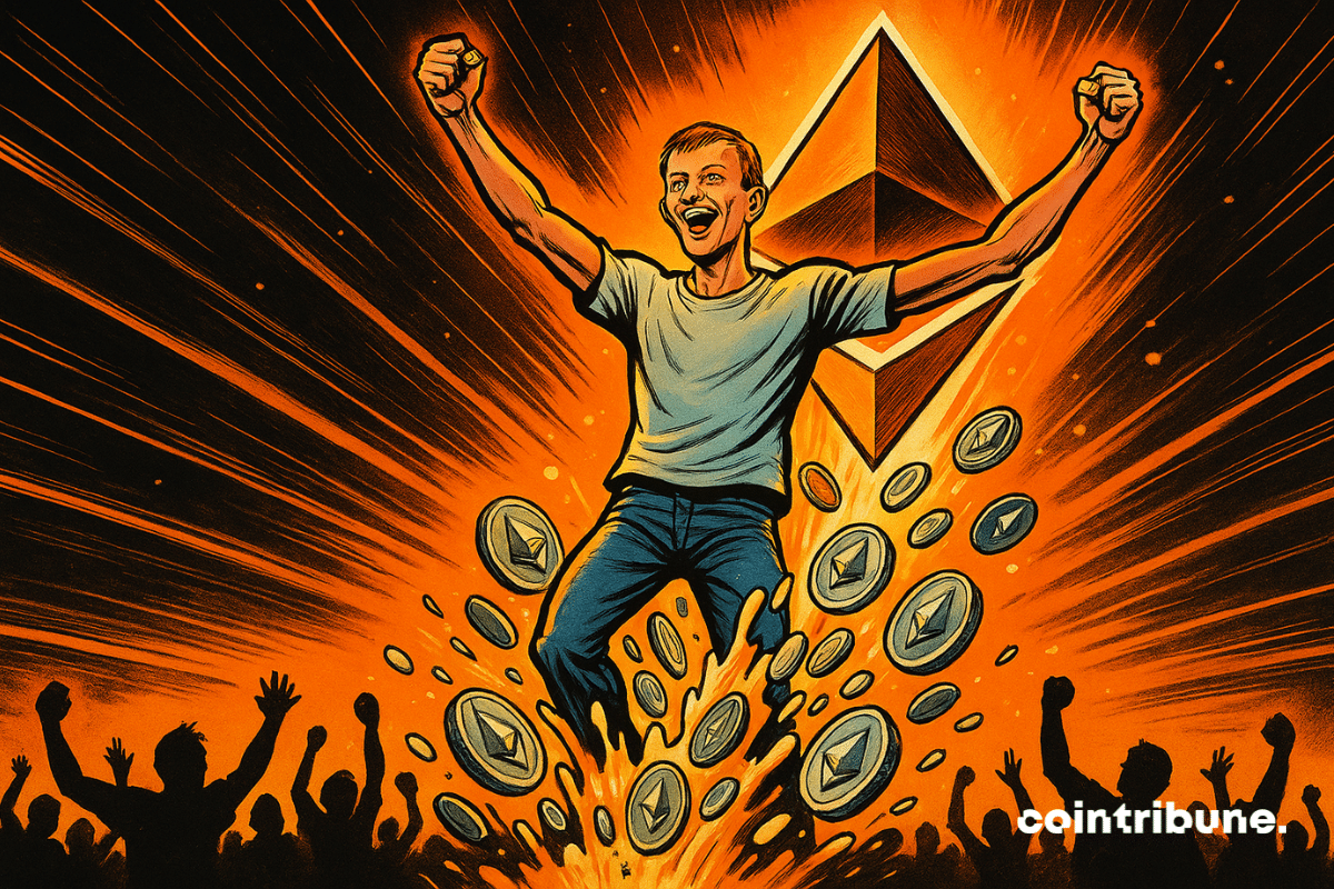 Vitalik Buterin está de pé no topo de um imenso gêiser de criptomoedas Ethereum estilizadas, lançadas ao céu em um movimento ascendente espetacular.