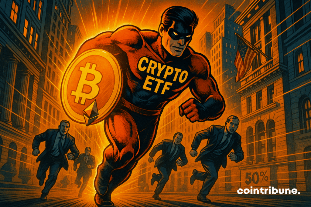 L'ETF Crypto Superhero sprinte devant Wall Street avec un bouclier crypto brillant.