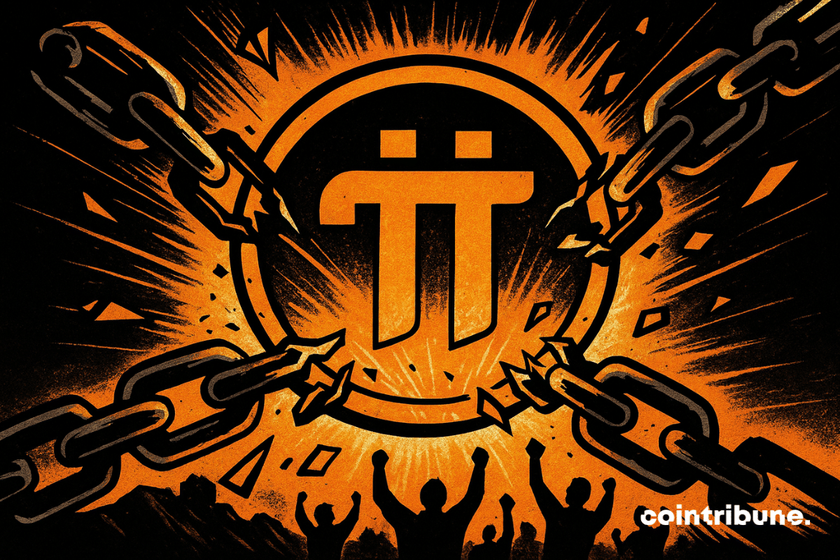 A huge golden Pi logo is trapped within massive black metal chains, which literally explode, pieces of it flying in all directions. In the blurred background, small human figures (symbolizing crypto users) raise their arms in a pose of hope or victory.