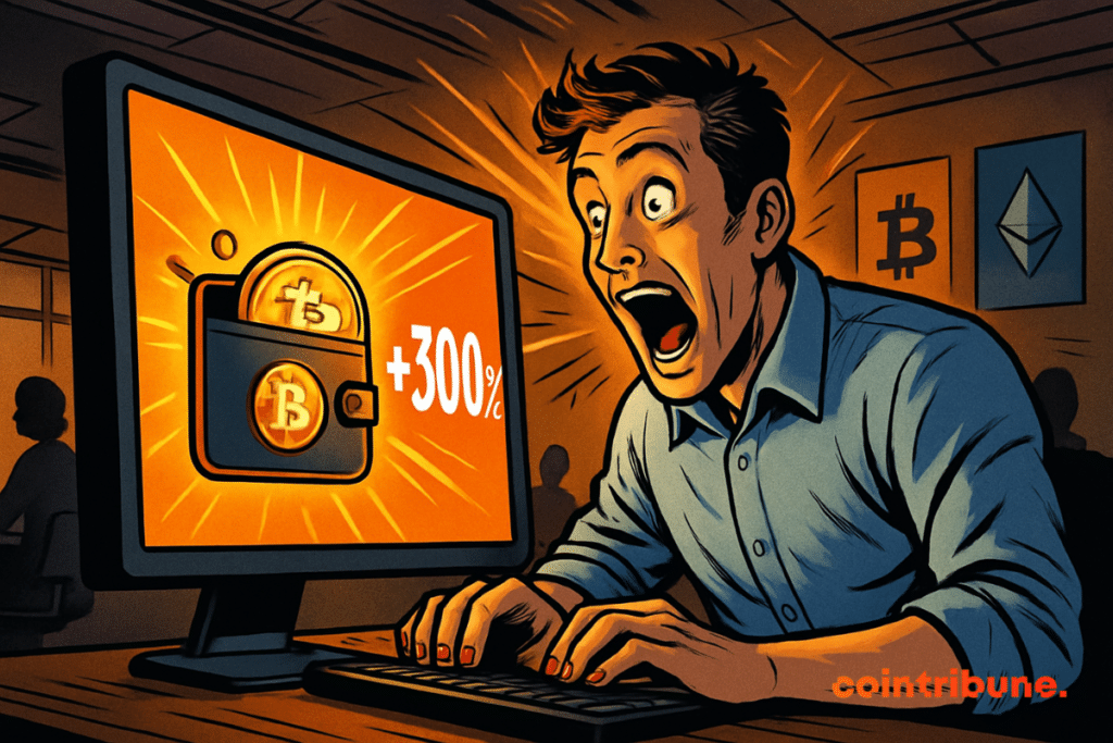 Homme choqué devant un écran affichant +300% en crypto.