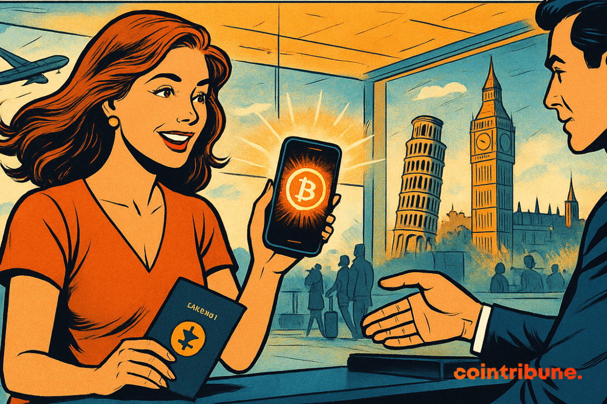 A traveler pays for her European vacation in cryptocurrency at an airport counter, smartphone in hand, iconic monuments visible behind.