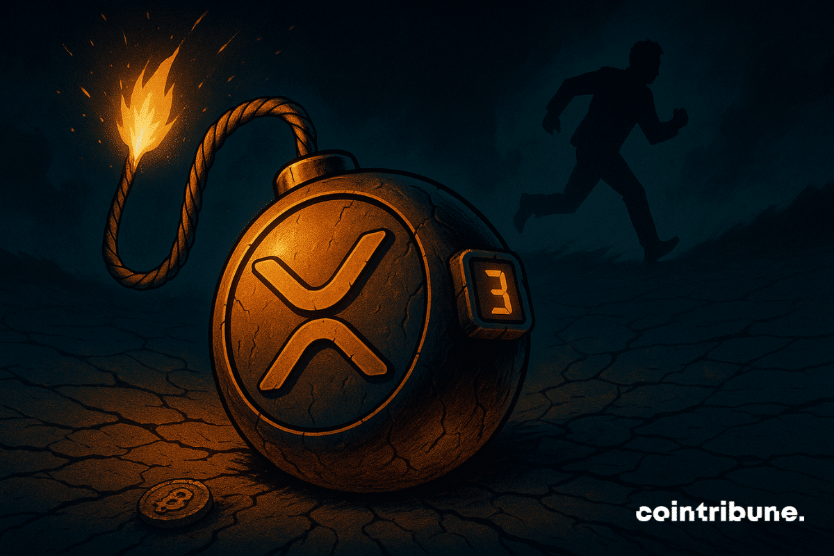 Uma bomba estilizada em forma da criptomoeda XRP está no chão, maciça e circular. Um pavio aceso a envolve, quase totalmente consumido.