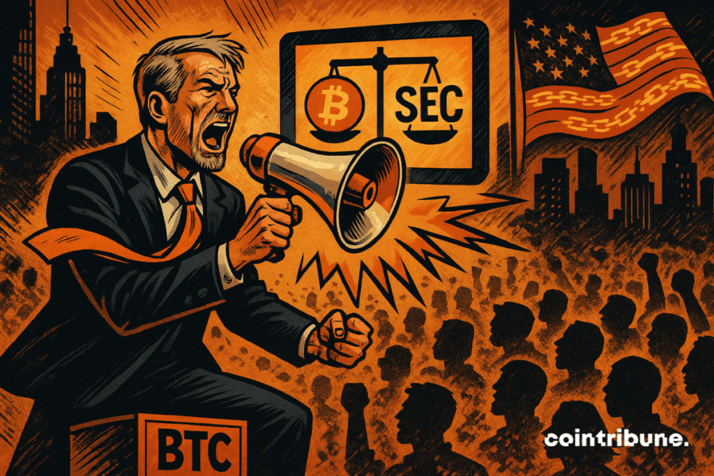 Um homem de cabelos grisalhos e terno está em cima de uma caixa de BTC, gritando em um megafone para uma multidão digital, com uma balança mostrando Bitcoin e a SEC em uma tela brilhante atrás dele.